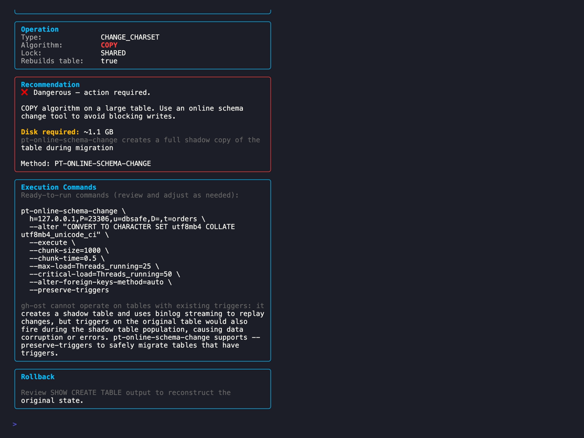 dbsafe output showing COPY algorithm for CONVERT TO CHARACTER SET utf8mb4