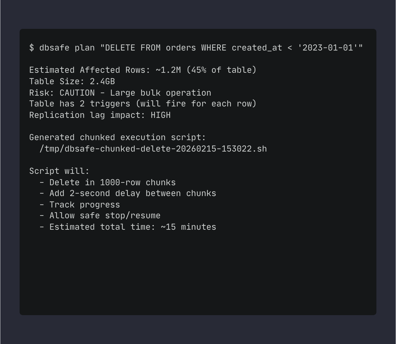 DML analysis showing chunked DELETE script generation
