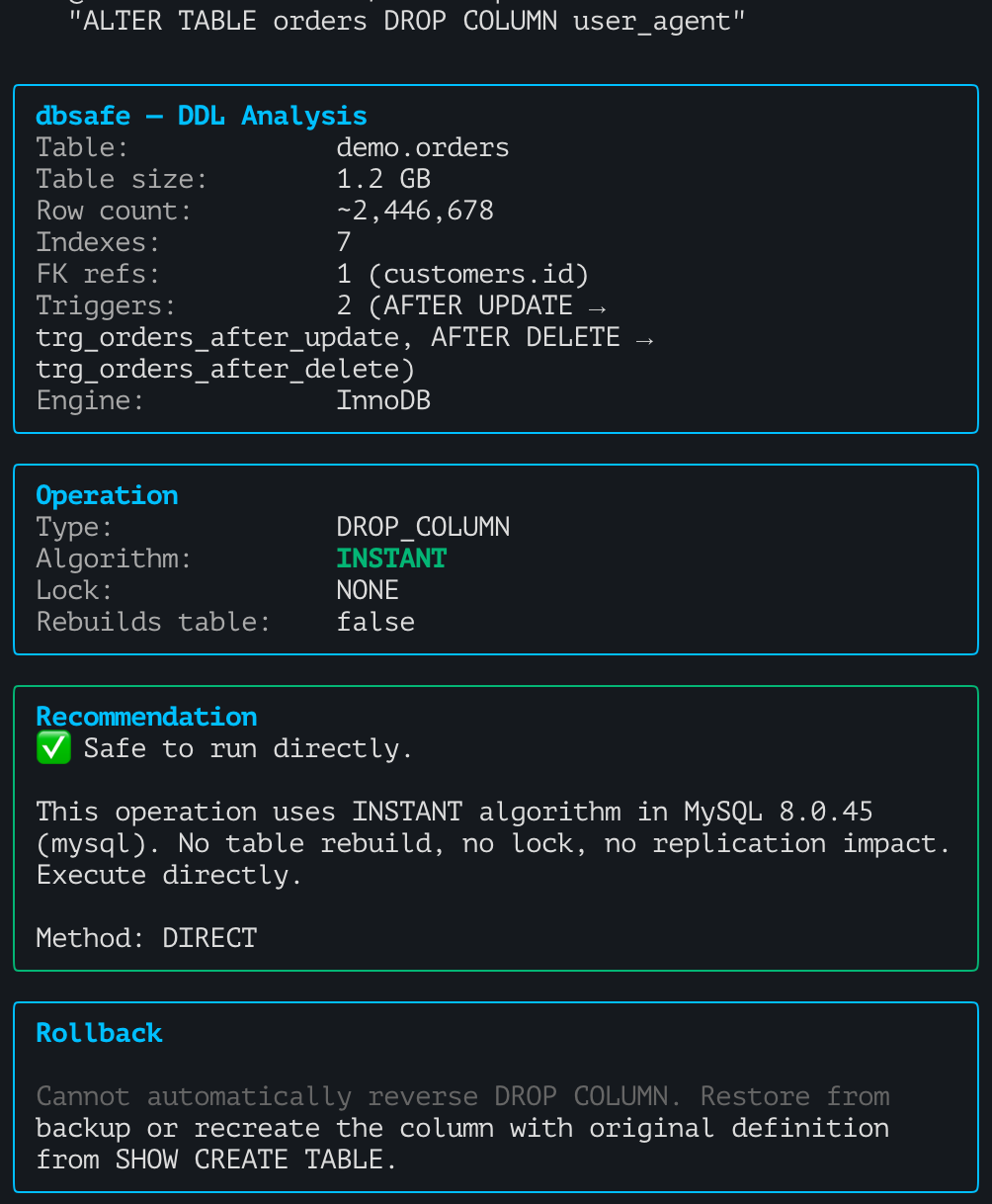 dbsafe output showing INSTANT algorithm for DROP COLUMN on MySQL 8.0.29+
