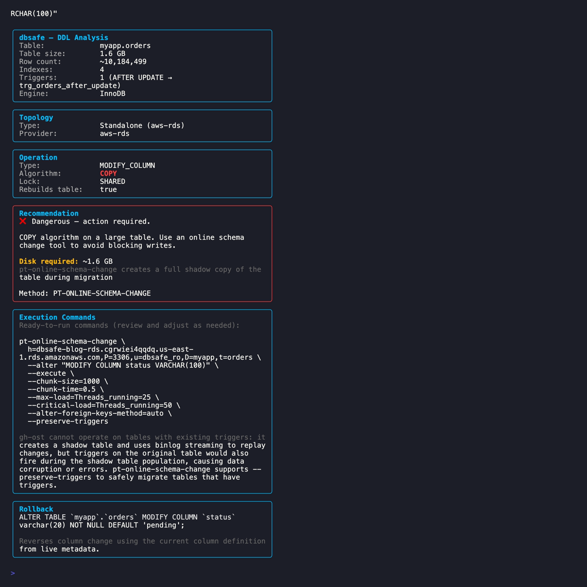 dbsafe plan output against RDS standalone showing cloud-managed flag and gh-ost extra flags warning