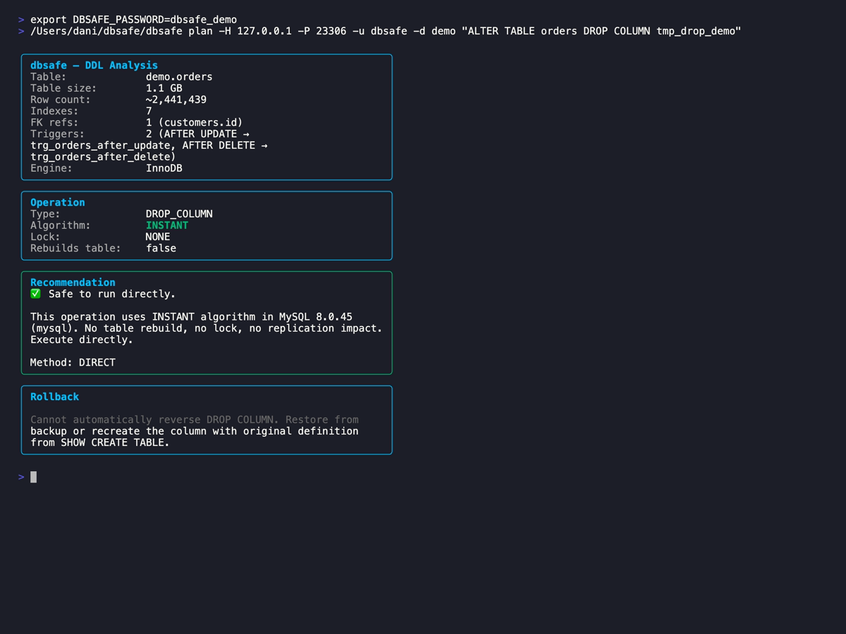 dbsafe output for DROP COLUMN showing data loss warning — no SQL rollback possible, values are permanently destroyed on commit