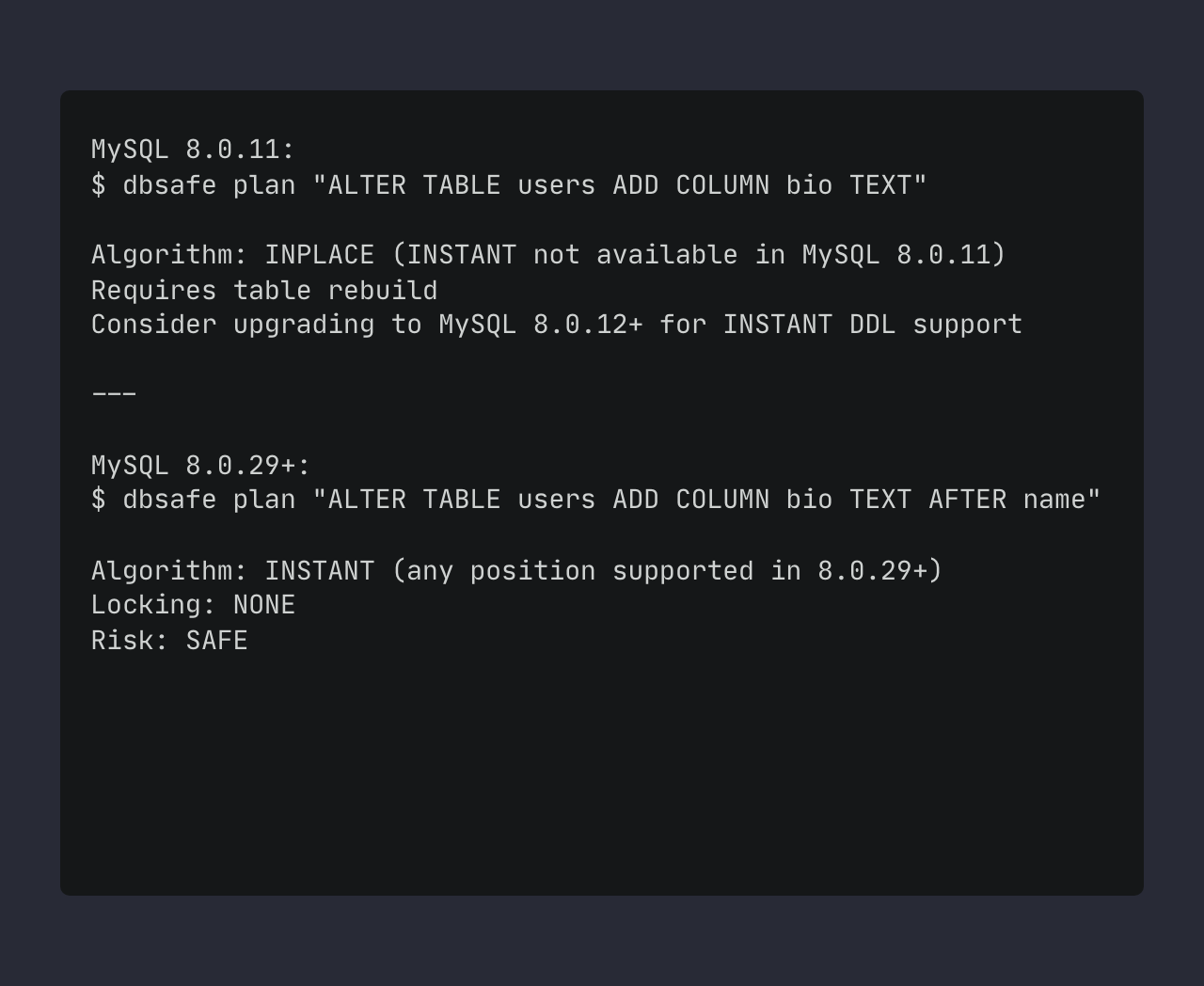 Version comparison between MySQL 8.0.11 and 8.0.29+ INSTANT DDL support